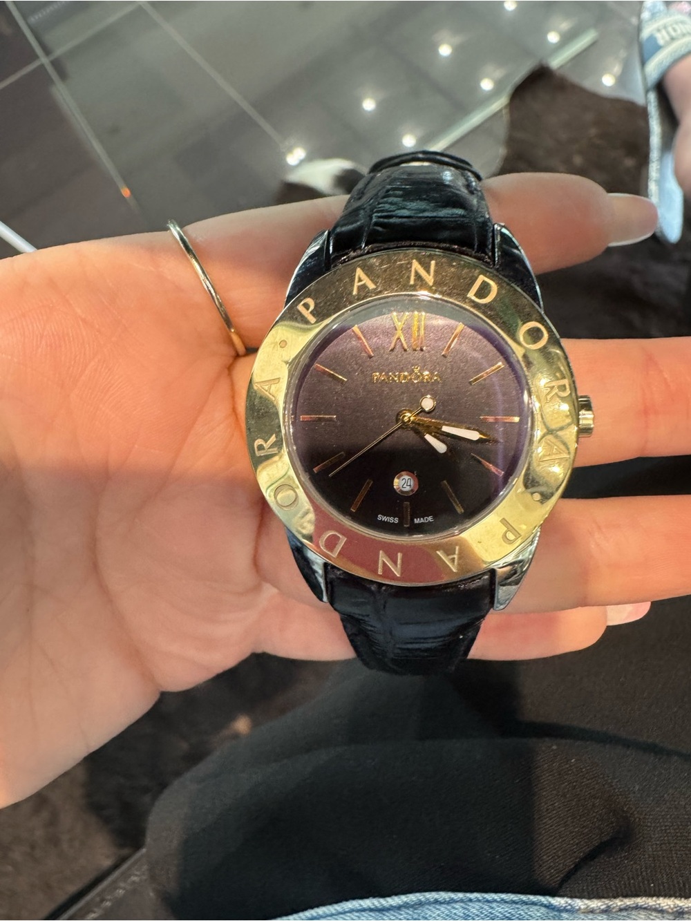 Authentic Pandora Imagine Grand Gold-Tone & Black Leather Swiss Quartz Watch